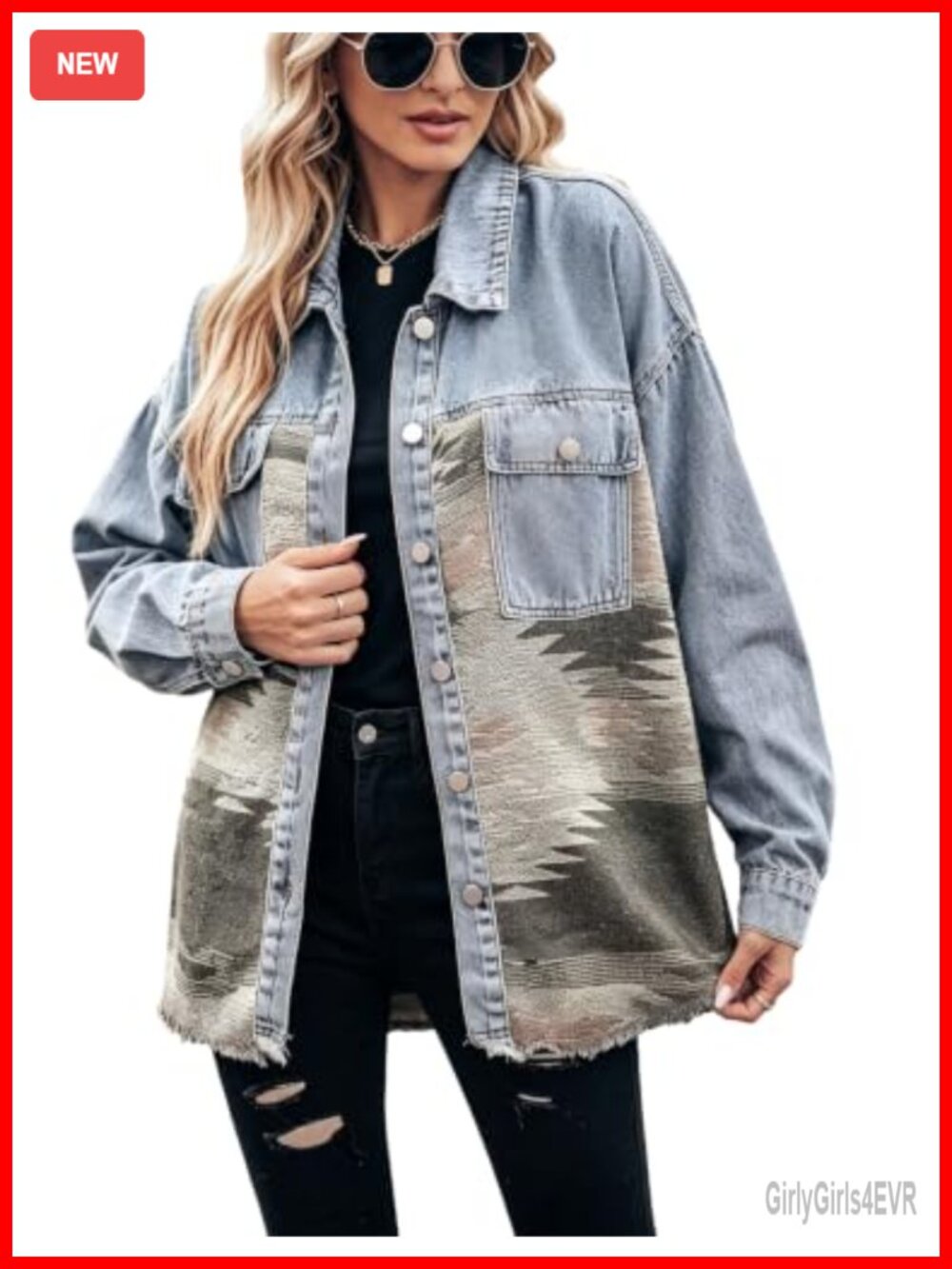 Oversized Aztec Denim Jean Jacket Button Down Fringe Shacket